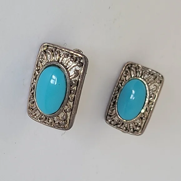 Vintage Boho Greco Roman Turquoise Silver Filigree Square Stud Clip-On Earrings - Picture 4 of 8